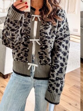 Leopard Print Olive Green Knit Cardigan with Bow Closures.🚌